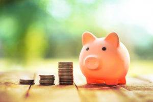 Piggy bank with stacks of coins beside it. Article title: Paying the Bills: Potential Sources of Retirement Income